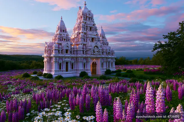 Beautiful temple surrounded by blooming flowers at sunset