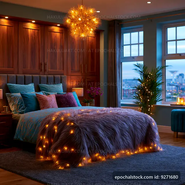 Cozy bedroom with warm lights and modern decor