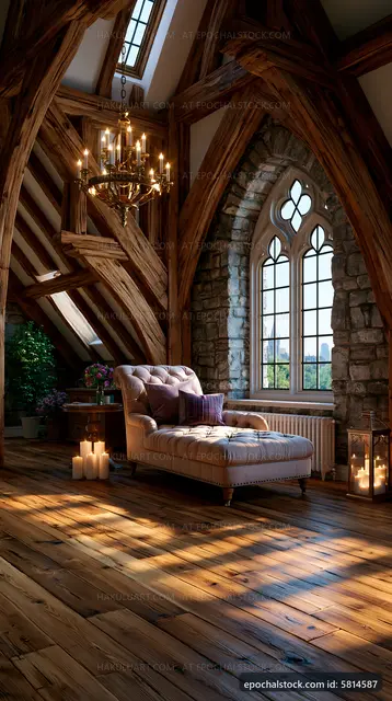 Cozy lounge space with wooden beams and natural light