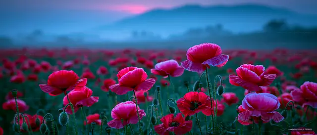 Poppy flowers blooming in a misty field at twilight