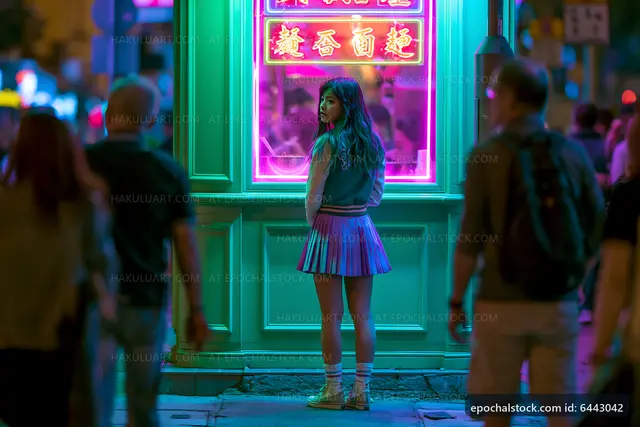 Girl standing in front of neon-lit storefront in a busy street