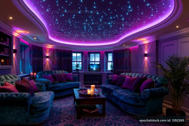 Cozy living room with purple lighting and starry ceiling