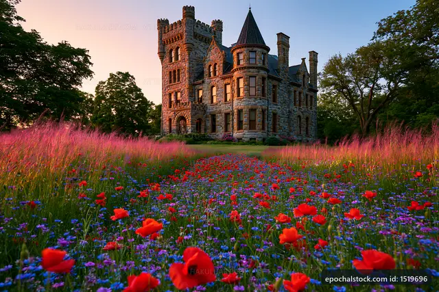 Historic castle surrounded by flowers at sunset