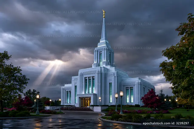 Modern church building under dark clouds with light rays