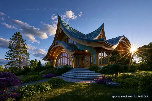 Modern wooden house with unique architecture at sunset