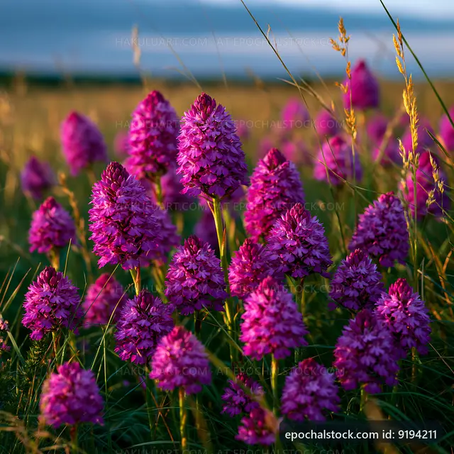 Vibrant purple flowers in a grassy field during golden hour