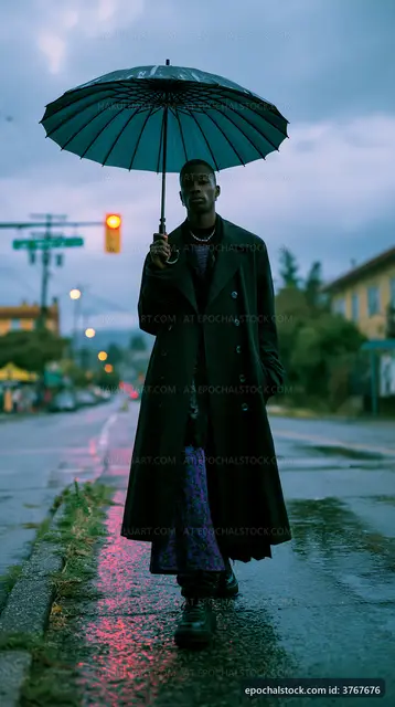 Person walking on a rainy street holding an umbrella
