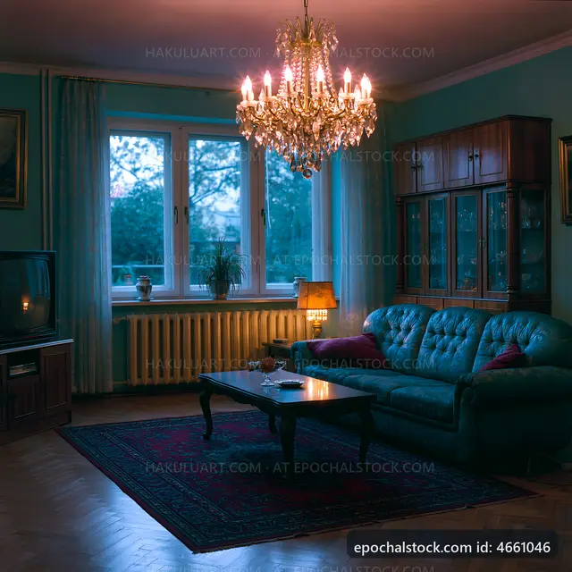 Cozy living room with couch, chandelier, and window view
