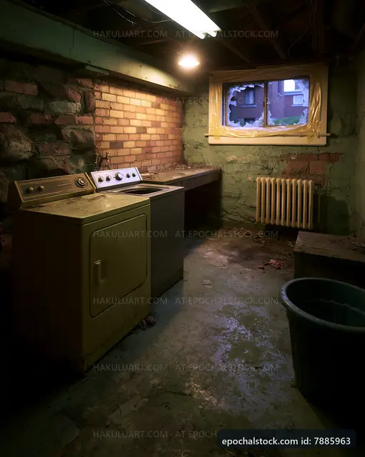 Old laundry room in a basement with stone walls and window