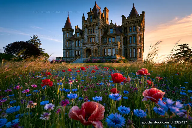 Historic castle surrounded by colorful flowers at sunset
