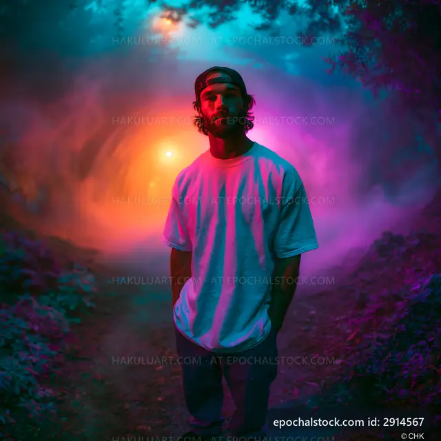 Man standing in colorful light with mist in a forest