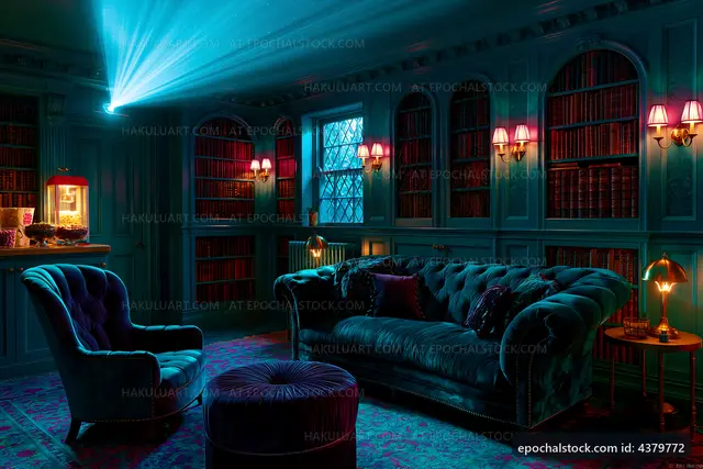 Cozy living room with blue lighting and a projector