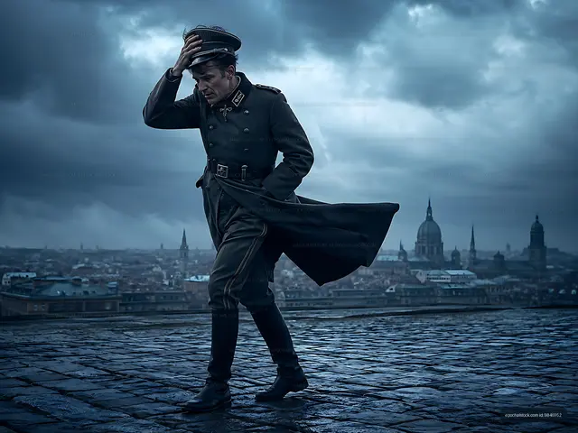 Soldier walking in a city under a cloudy sky