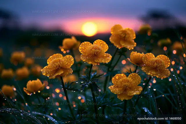 Sunset over yellow flowers with water droplets in a field