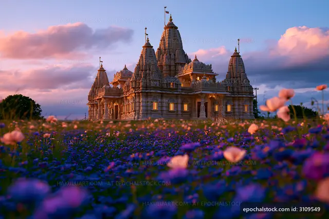 Sunset view of intricate temple surrounded by flowers