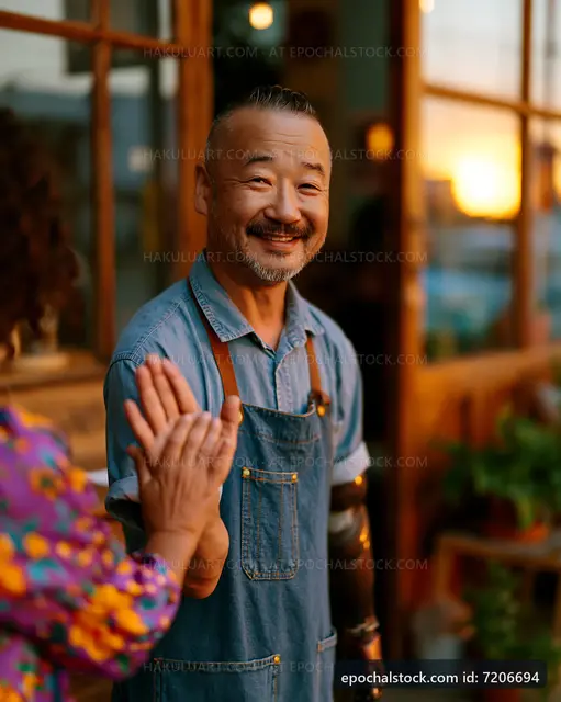 Man smiling outside a shop during sunset with a happy customer