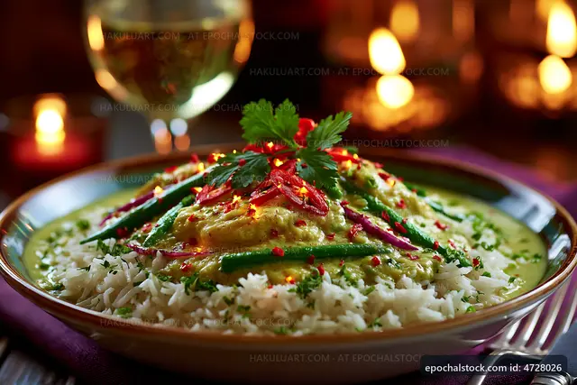 Delicious curry dish served with rice on a festive table