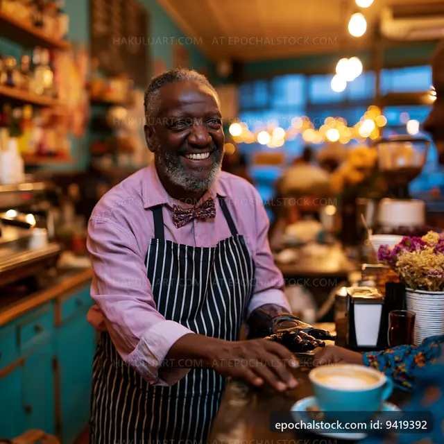 Smiling barista serving coffee in a busy cafe