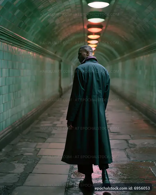 Man walking in a tunnel with green tiles and lights in London