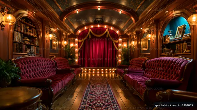 Vintage theater interior with red curtains and plush seating