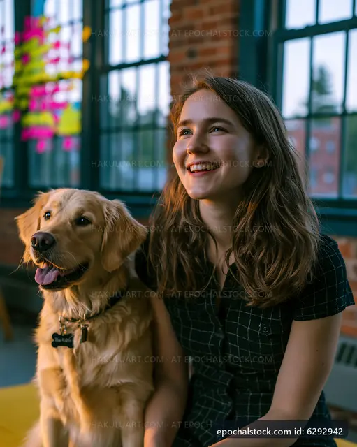Woman smiles while sitting beside a golden retriever indoors