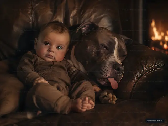 Baby and dog sit together on a couch near a fireplace