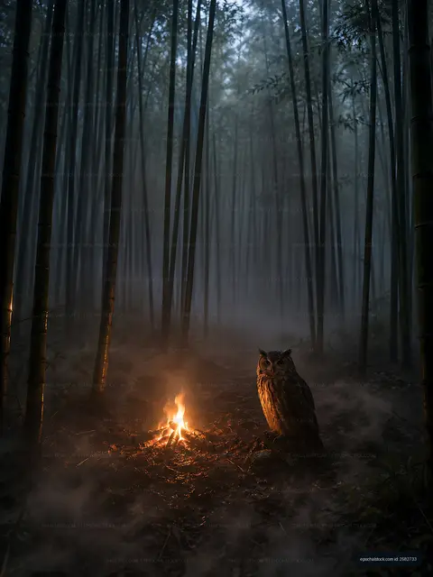 Owl sitting near a fire in a bamboo forest at night