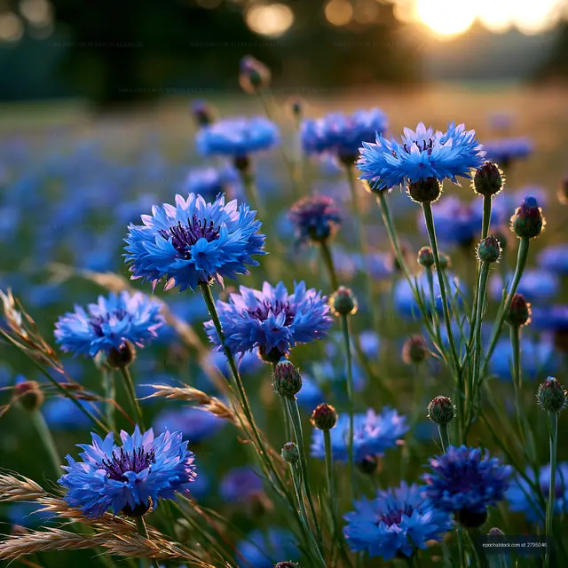 Blue flowers in a field during sunset