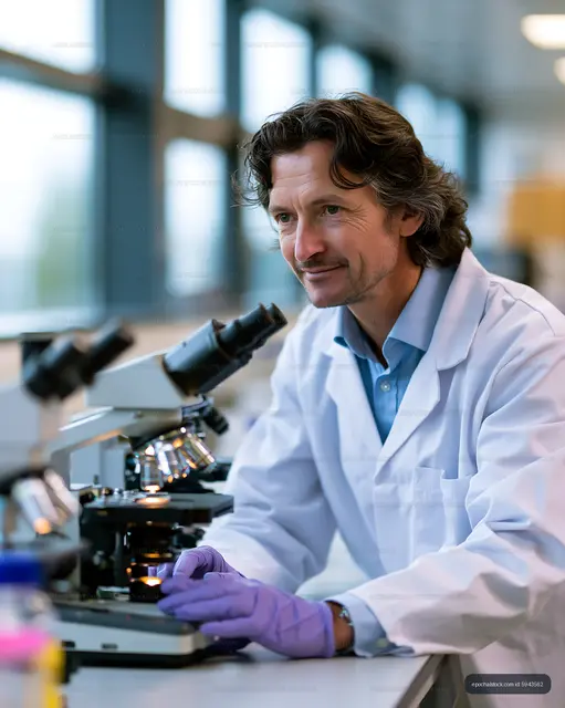 Scientist studying samples in laboratory with microscope