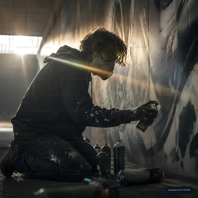 Street artist painting a mural in an abandoned warehouse