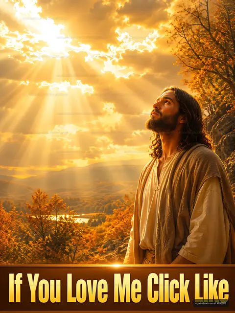 Jesus in sunlight looking up at the sky in nature
