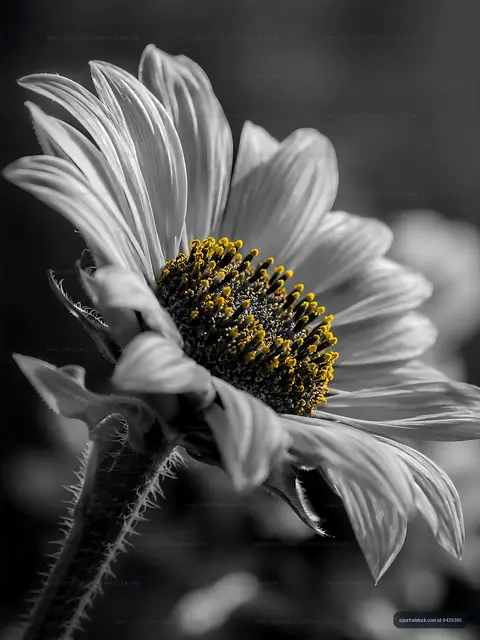 Close-up of a sunflower with yellow center and black and white petals