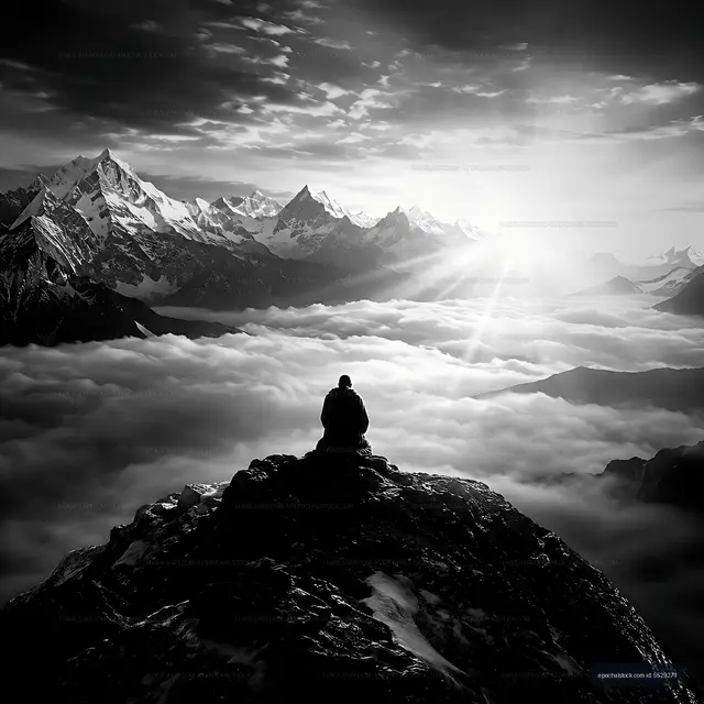 Man sitting on a rock in mountains above clouds at sunrise
