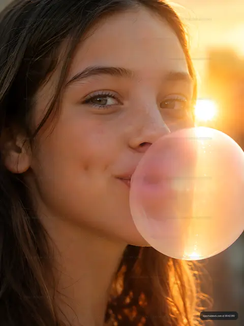 Girl blowing a bubble in the sunset
