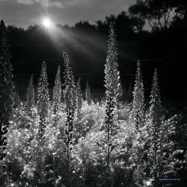 Sunlight shining on tall flowers in a field during day