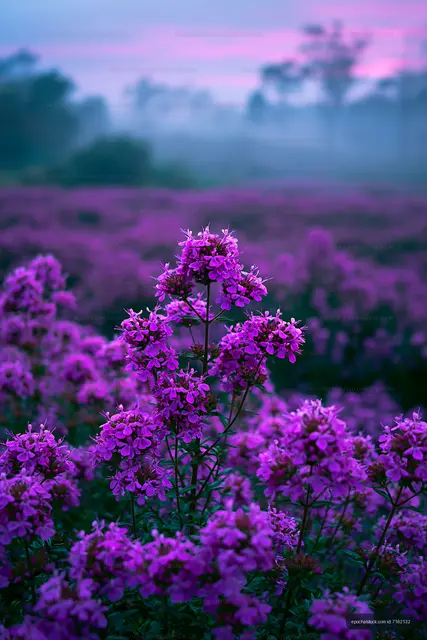 Vibrant purple flowers in a misty field at dawn