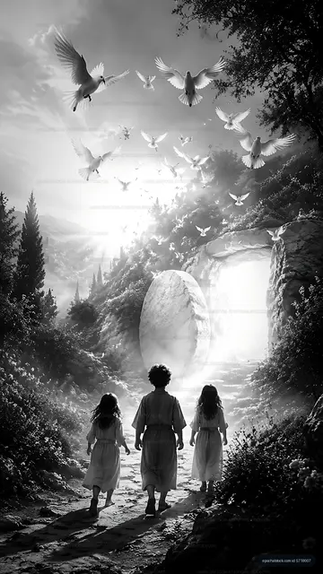 Children walking towards a glowing doorway in a forest