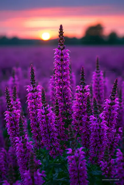 Purple flowers bloom at sunset in a field