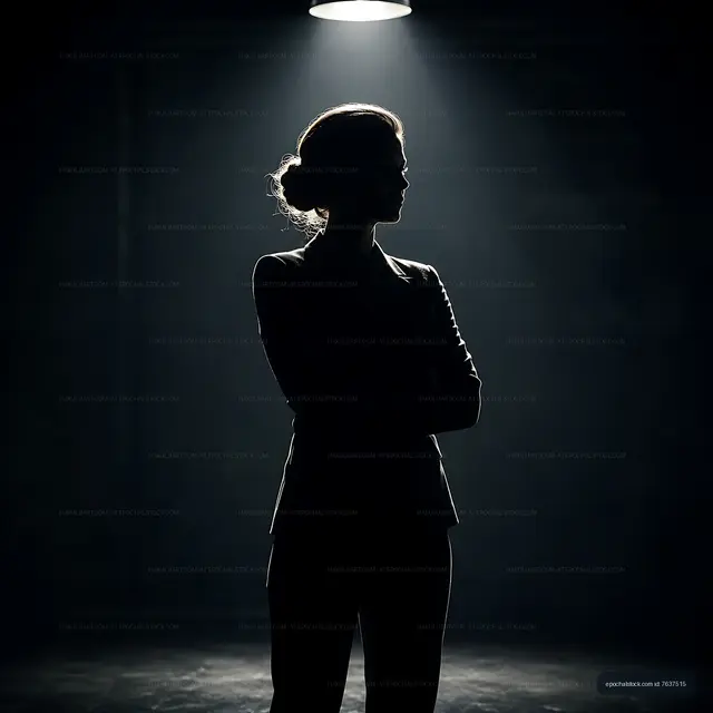 Silhouette of a woman standing under a spotlight in a dark room