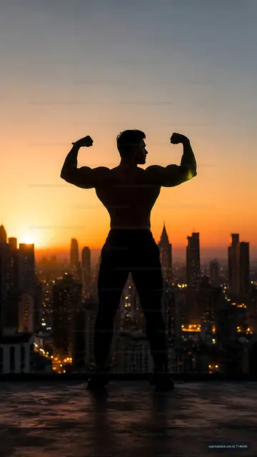 Man flexing muscles on a rooftop during sunset in a city