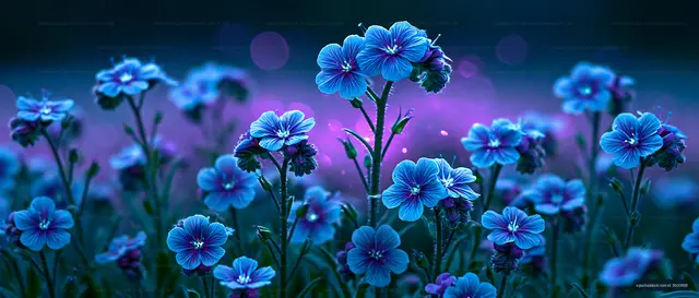 Vibrant blue flowers blooming in a garden at dusk