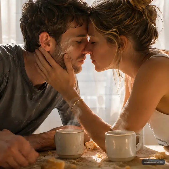 Couple sharing a moment over steaming mugs in a cozy setting
