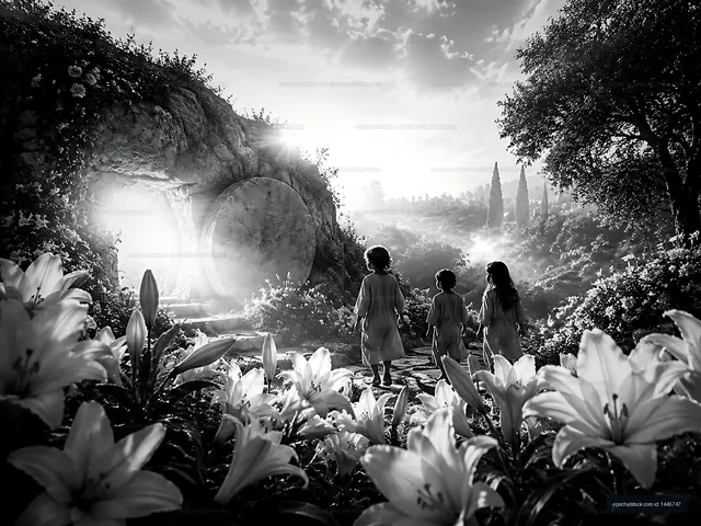 Children walking towards a doorway in a garden