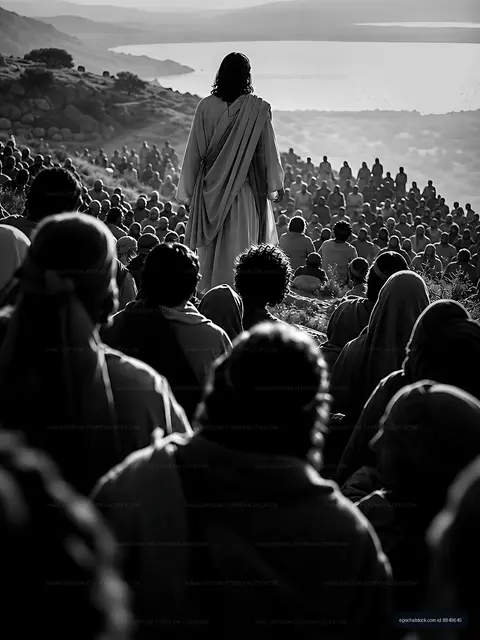Gathering of people listening to a figure on a hillside