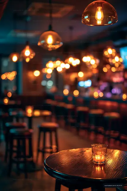 Warm lighting in a bar with glowing bulbs and empty tables