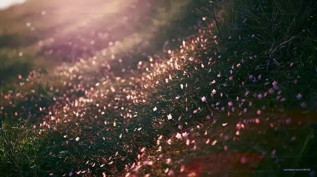 Sunlight glimmers on flower petals in a green field