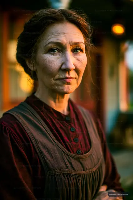 Elderly woman standing outside during sunset in rural area