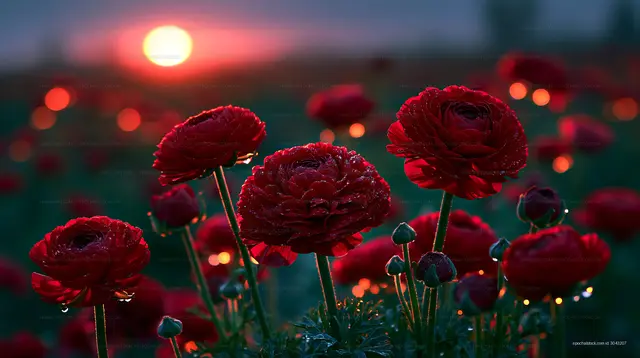 Red flowers bloom under sunset sky in a garden field