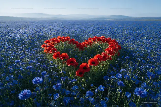 Heart shape made of red flowers in blue flower field