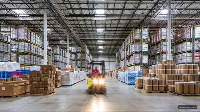 Warehouse with storage racks and a forklift in motion